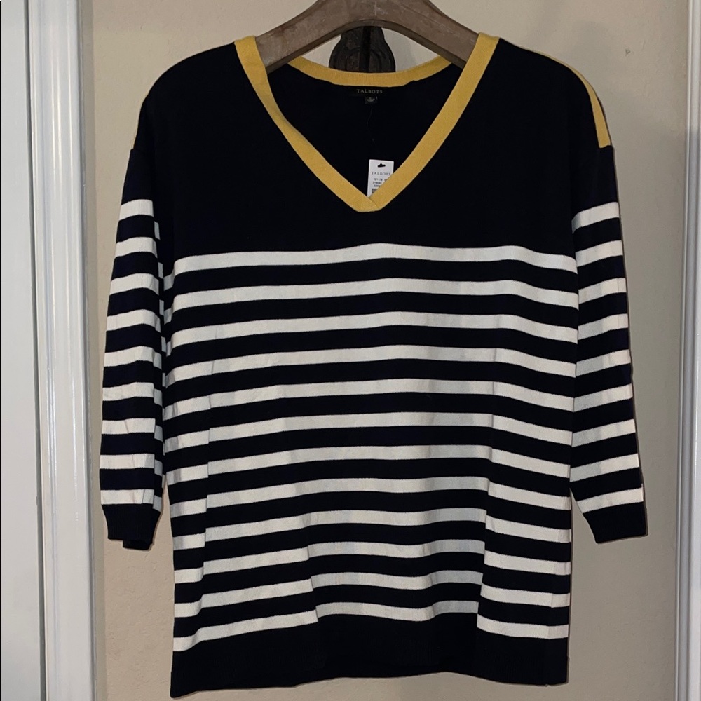 NWT Talbots Navy and Yellow V-Neck Sweater